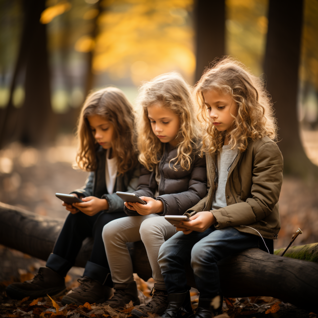 Kinder mit Handy sitzen auf einem Baumstamm